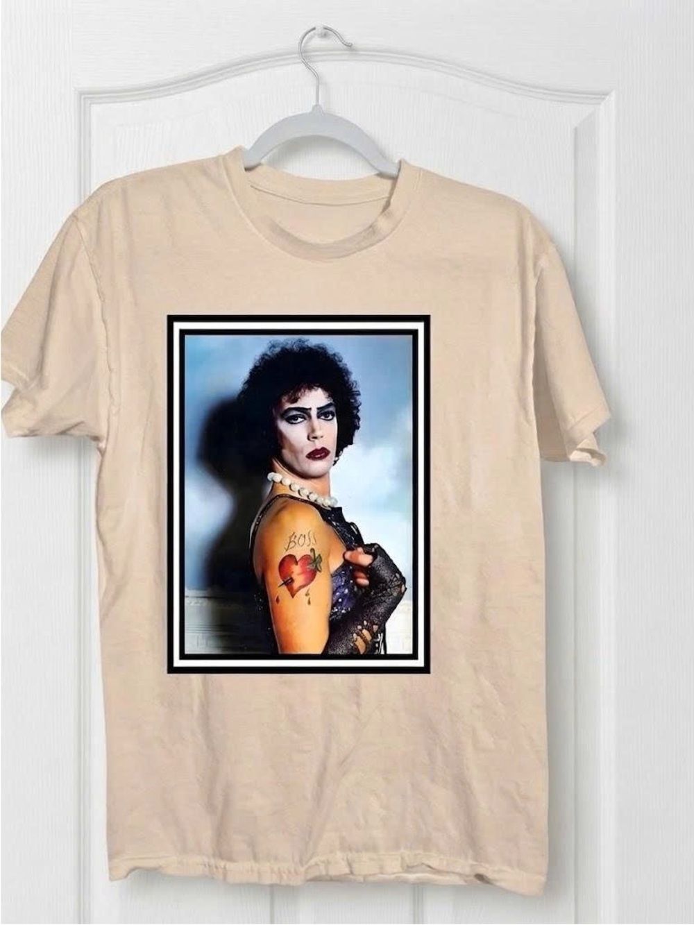 Beige Short Sleeve Tee with Tim Curry Graphic